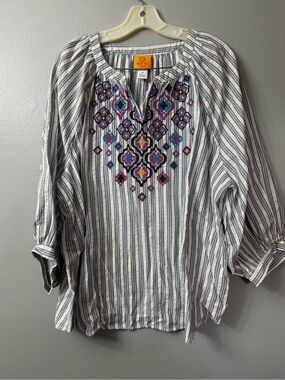 Ruby Rd. peasant tunic geometric pattern Embroidered Stripe Tunic Top - 1x